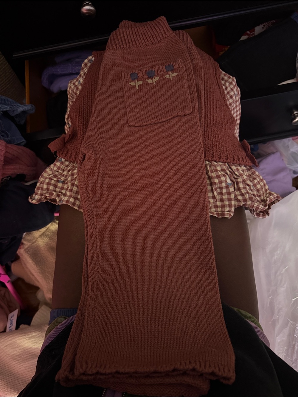 Brown Knit children’s Sweater Pants set with Embroidered Pocket
